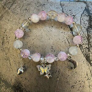 Brand New Pink/White/Clear Crystal Bead Bracelet with Moon/Butterfly/Heart Charm